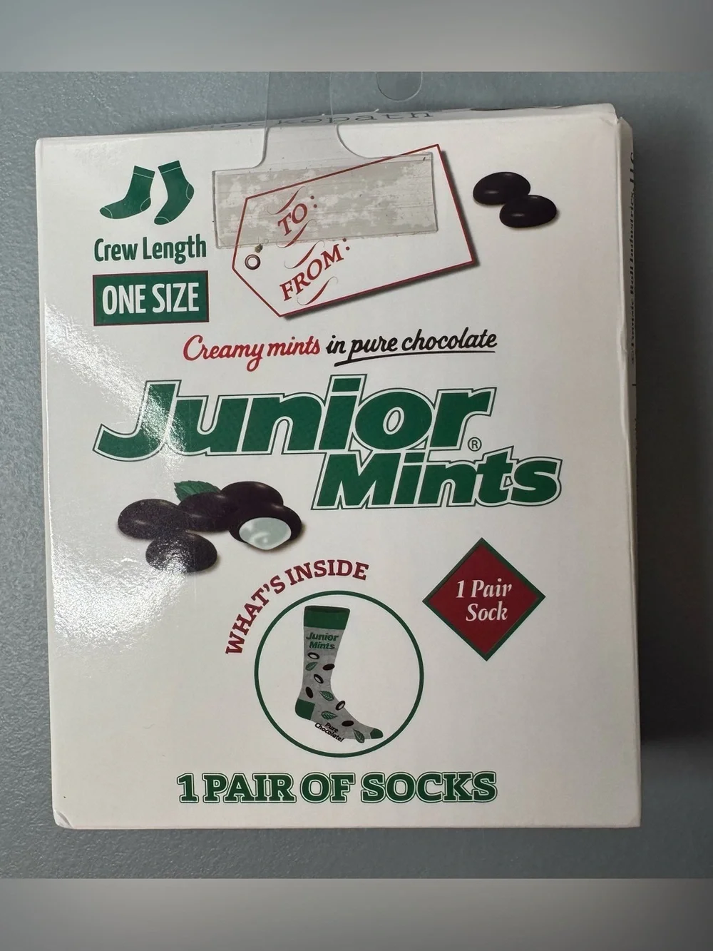Junior Mints Crew Length Socks - White & Green chocolate logo unisex one size